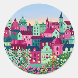 Fuchsia Mint Stadssiluett Rund Sticker Runt Klistermärke