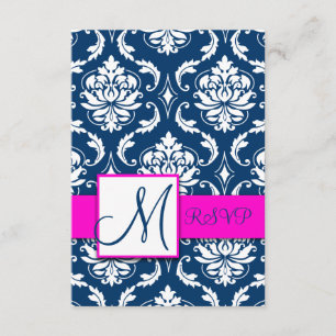 Fuchsia Navy Blue Damask Monogram OSA kort