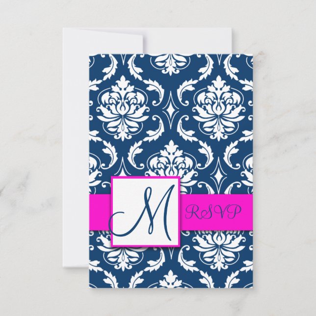 Fuchsia Navy Blue Damask Monogram OSA kort (Framsida)
