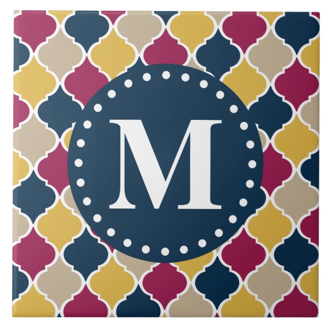 Fuchsia Navy Moroccan Lattice Monogram Kakelplatta (Framsidan)