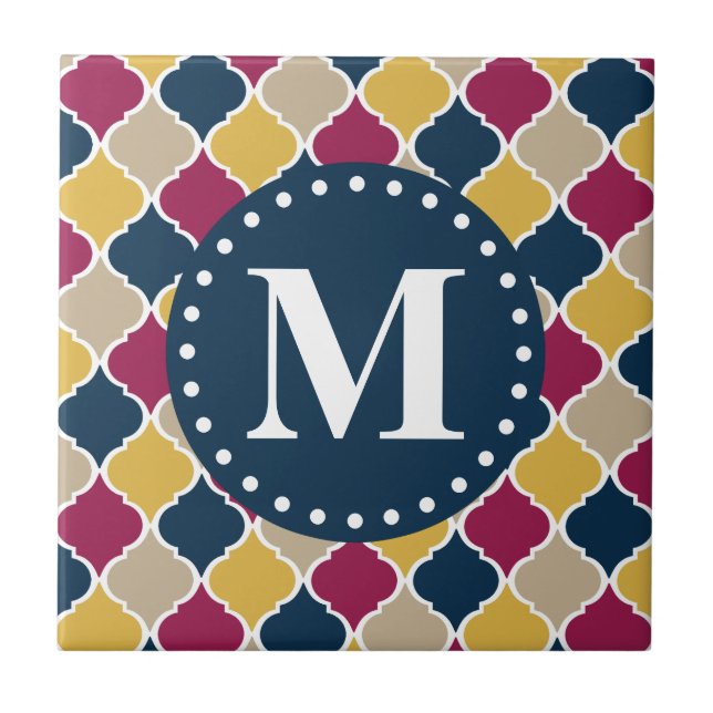 Fuchsia Navy Moroccan Lattice Monogram Kakelplatta (Framsidan)
