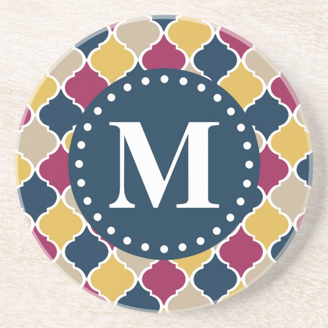 Fuchsia Navy Moroccan Lattice Monogram Underlägg Sandsten (Framsidan)
