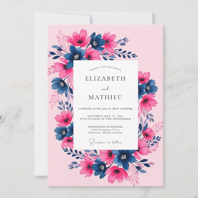 Fuchsia Navy Painterly Spring Wedding Inbjudningar (Framsida)