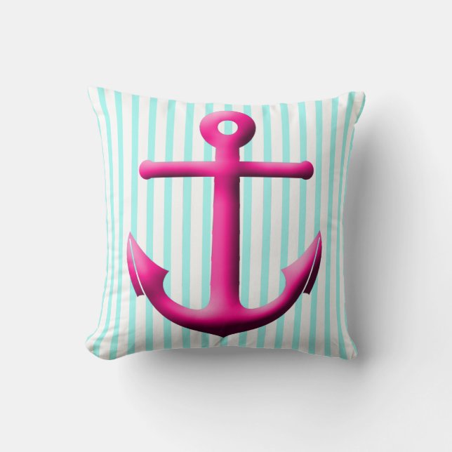 Fuchsia och Aqua Anchor och Rand Kudde (Framsida)