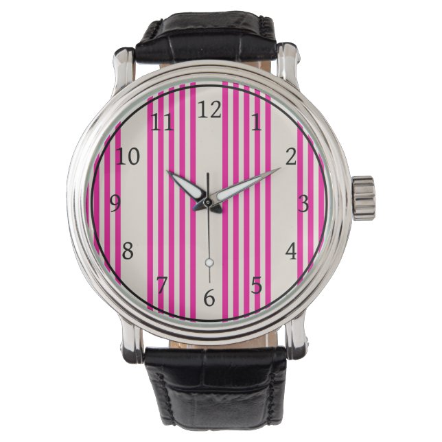 Fuchsia och beige fem rand mönster armbandsur (Framsida)