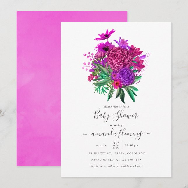 Fuchsia och lila shabby blommande barnkalas inbjudningar (Fram/baksida)