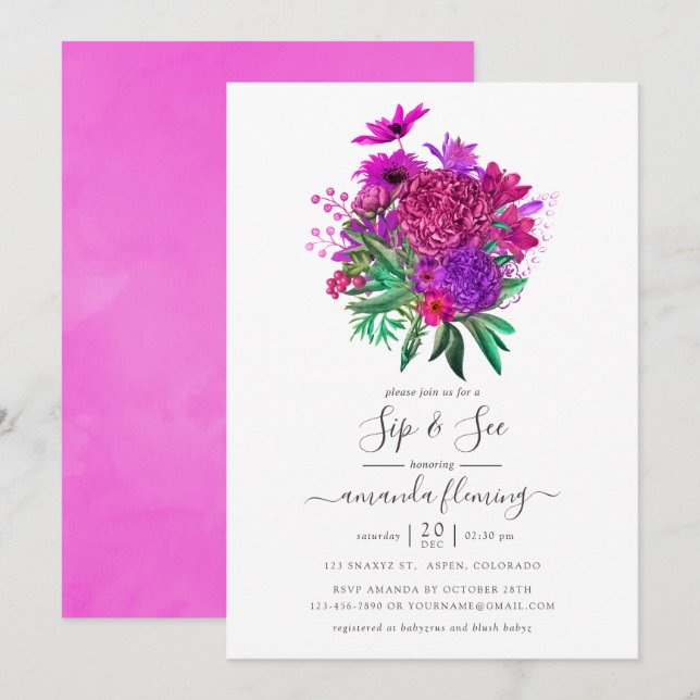 Fuchsia och lila shabby blomsterformad sip and see inbjudningar (Fram/baksida)