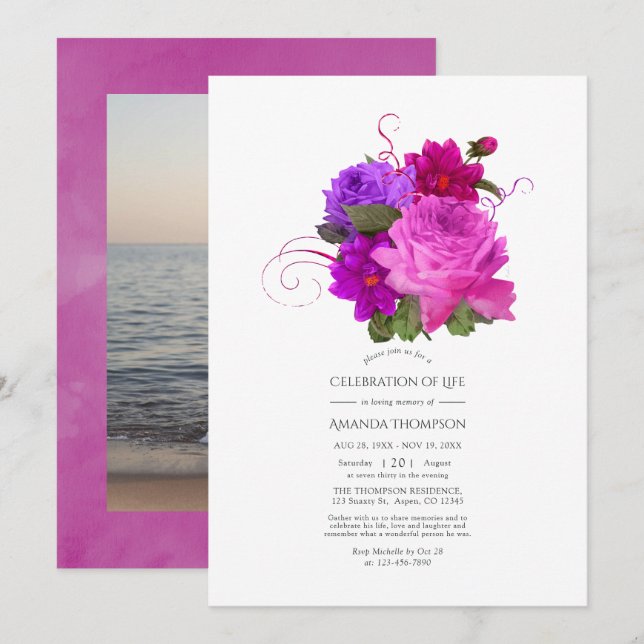 Fuchsia och lila shabby firande av liv inbjudningar (Fram/baksida)