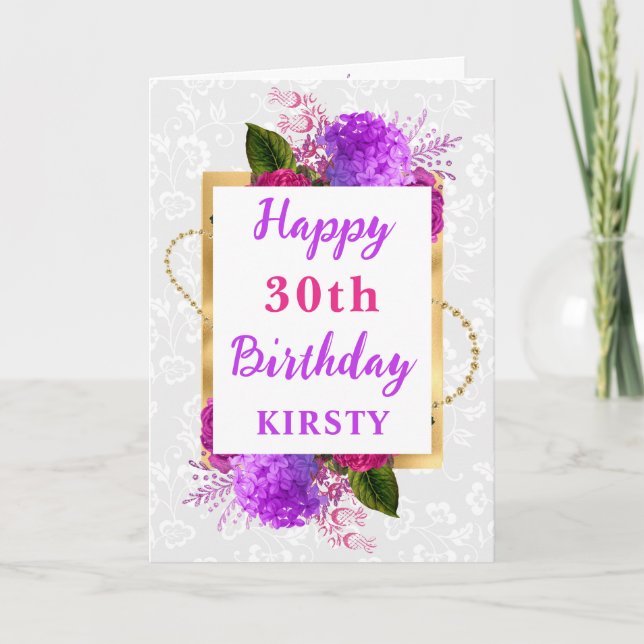Fuchsia och Lila Shabby Flowers Birthday Kort (Framsida)