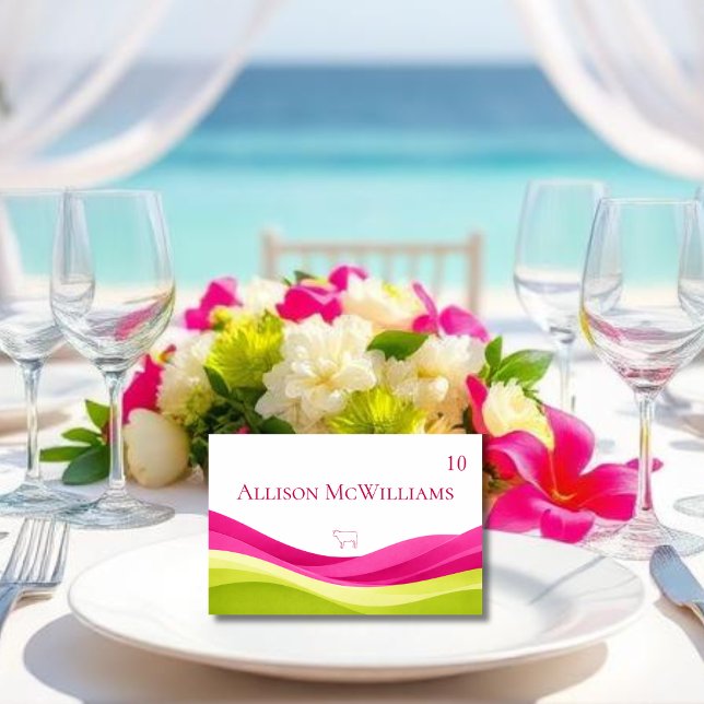 Fuchsia och Limegrön Bröllopsplatskort-Kött Bordsnummer (Fuchsia and Lime Green Wedding Table Number Meal Icon Meat)