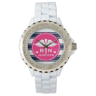 Fuchsia och Navy Rand Caduceus RN Nurse Armbandsur