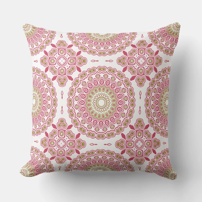 Fuchsia och Oliv Mandala Mönster Kudde (Framsida)