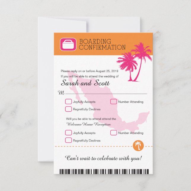 Fuchsia och Orange Palm Tree Mexiko RSVP OSA Kort (Framsida)
