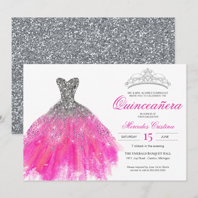 Fuchsia och Silver Glitter Glam Gown Quinceañera Inbjudningar (Fram/baksida)