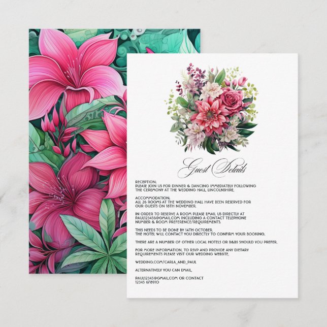 Fuchsia och smaragdgröna detaljer för bröllopsgäst tilläggskort (Fram/baksida)