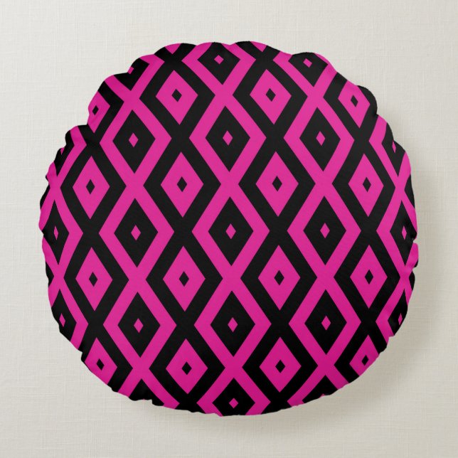 Fuchsia och svart diamant mönster rund kudde (Framsidan)