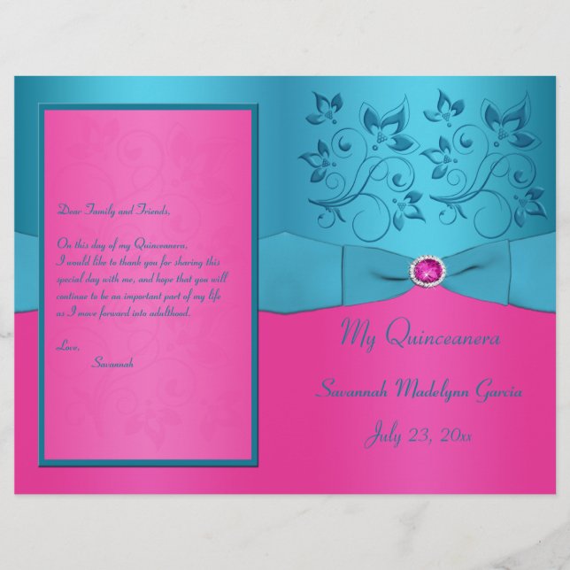 Fuchsia- och Turcoise-Blommigten Quinceanera-progr (Framsida)