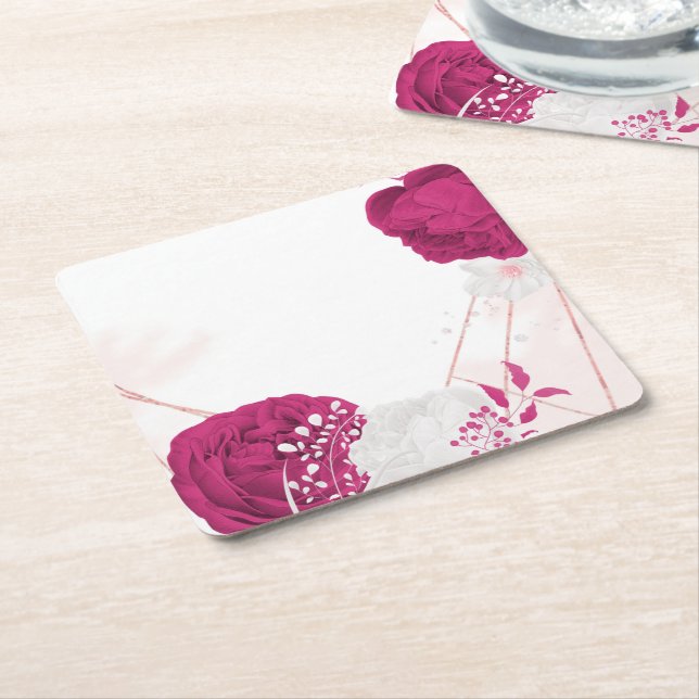 Fuchsia och vit blommigt bröllop underlägg papper kvadrat (Vinklad)