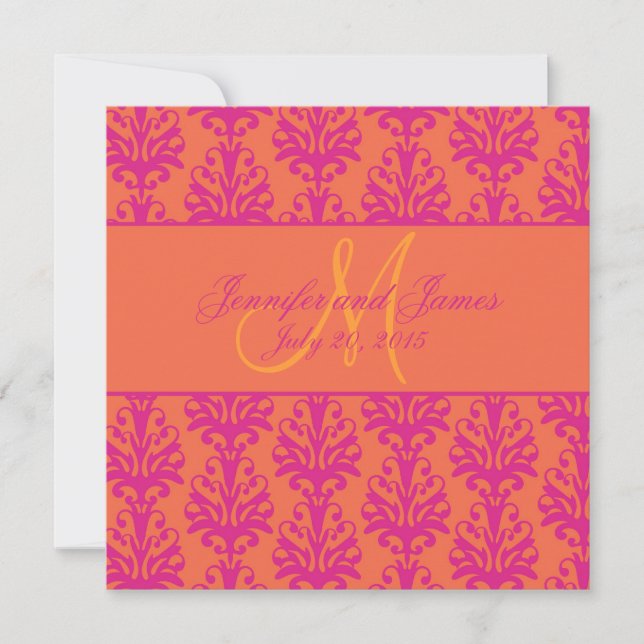 Fuchsia Orange Damask Wedding Square Inbjudningar (Framsida)