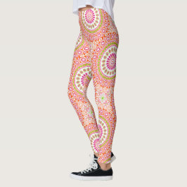 Fuchsia Orange och Grönt Vibrant Mandala Mönster Leggings