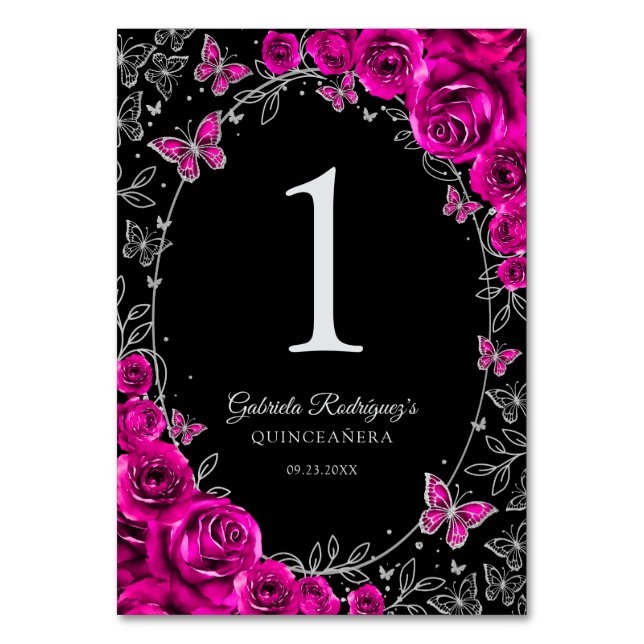 Fuchsia Pink Black Silver Quinceanera Bordsnummer (Framsidan)