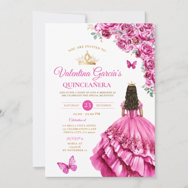 Fuchsia Pink Dress Quinceañera 15 Anos Floral Gold Inbjudningar (Framsida)