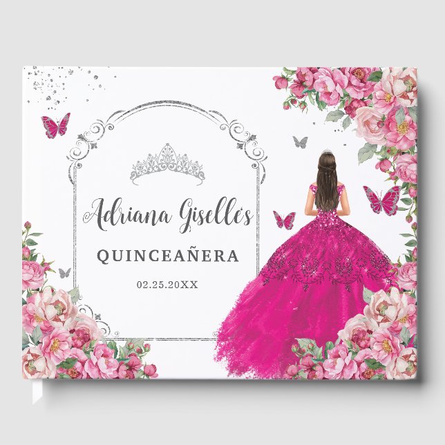 Fuchsia Pink Floral Princess Silver Quinceañera  Gästböcker (Framsida)