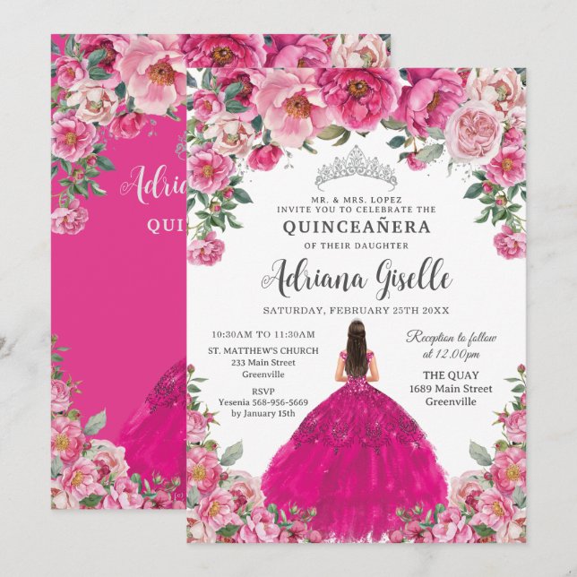 Fuchsia Pink Floral Silver Quinceanera XV Sweet 16 Inbjudningar (Fram/baksida)