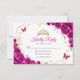 Fuchsia Pink Gold Floral Quinceanera Reply OSA Kort