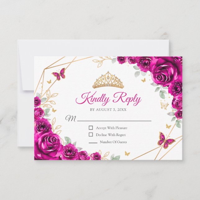 Fuchsia Pink Gold Floral Quinceanera Reply OSA Kort (Framsida)