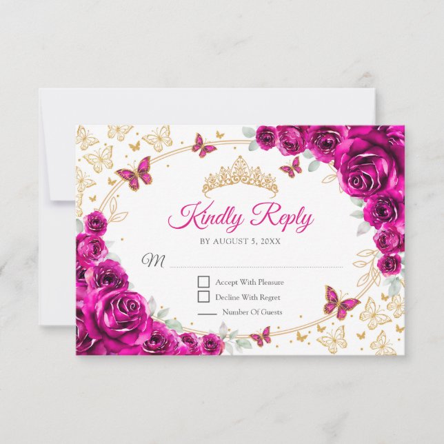 Fuchsia Pink Gold Floral Quinceanera Reply OSA Kort (Framsida)