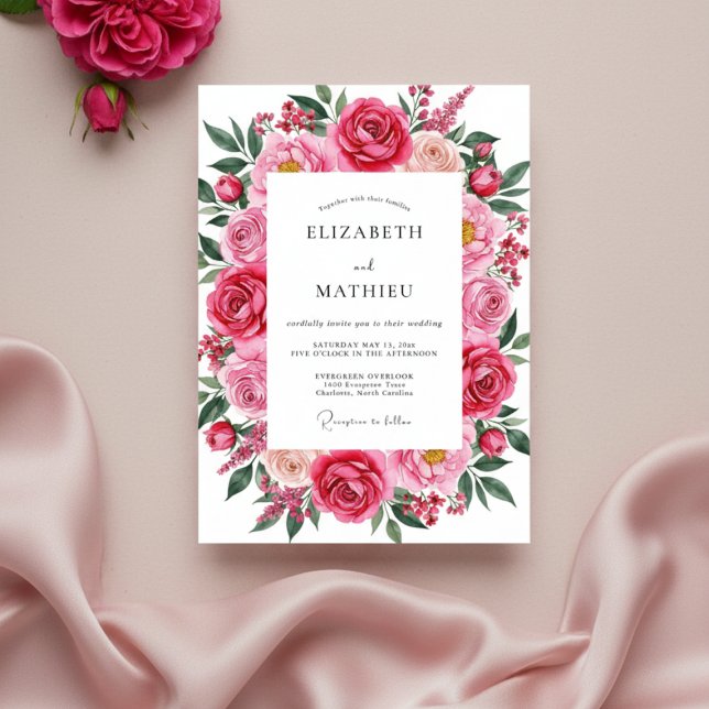 Fuchsia Pink Romantic Spring Wedding Inbjudningar (Skapare uppladdad)