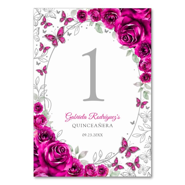 Fuchsia Pink Silver Floral Quinceanera Bordsnummer (Framsidan)