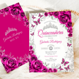 Fuchsia Pink Silver Floral Quinceanera Inbjudningar