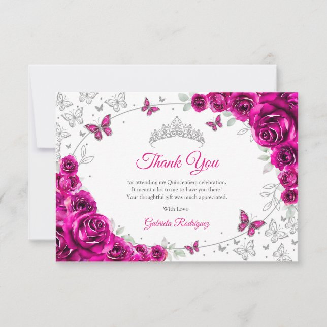 Fuchsia Pink Silver Floral Quinceanera Tack Kort (Framsida)