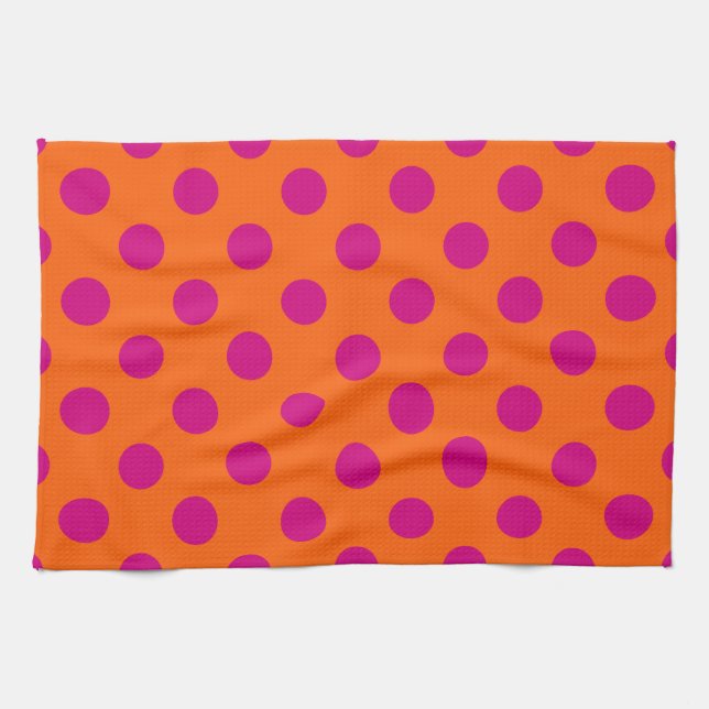 Fuchsia polka dots på orange kökshandduk (Horisontell)