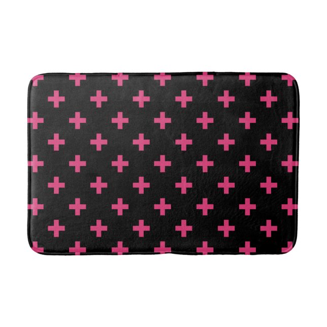 Fuchsia polka kor på svart badrumsmatta (Framsidan)