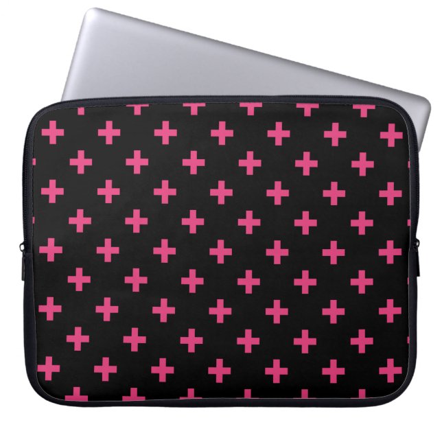 Fuchsia polka kor på svart laptop fodral (Framsidan)