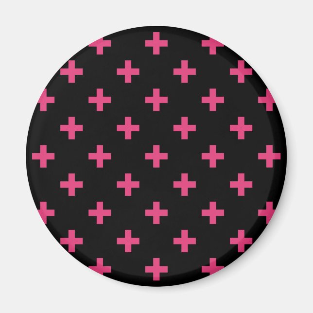 Fuchsia polka kor på svart magnet (Framsidan)