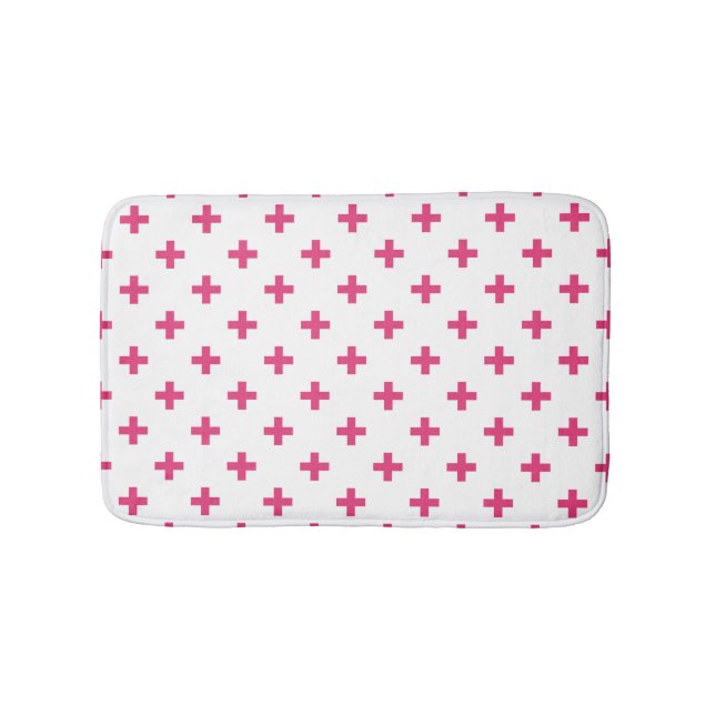 Fuchsia polka kor på vit badrumsmatta (Framsidan)