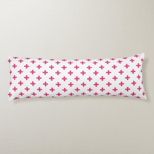 Fuchsia polka kor på vit kroppskudde (Baksidan)