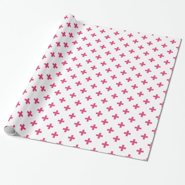 Fuchsia polka kor på vit presentpapper (Utrullad)