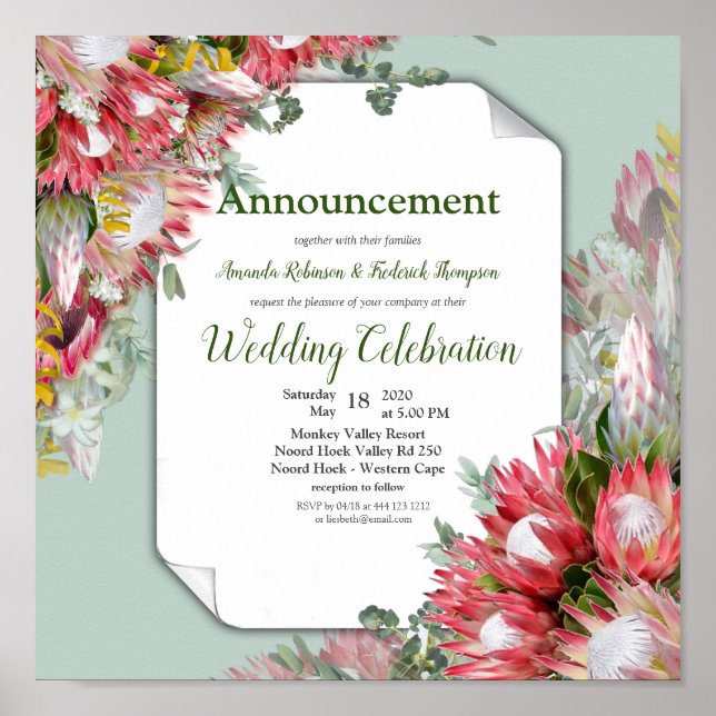 Fuchsia Protea är med Grönt & Guld-meddelande Poster (Framsidan)