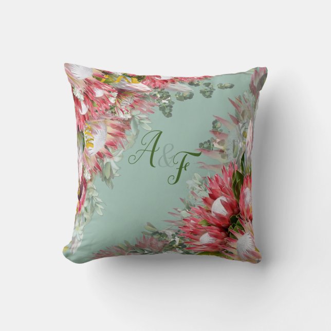 Fuchsia Protea med Gröntar & Guld Bröllop Gift Kudde (Framsida)