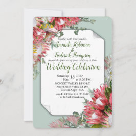 Fuchsia Protea's with Grönts & Guld Ribbon Inbjudningar