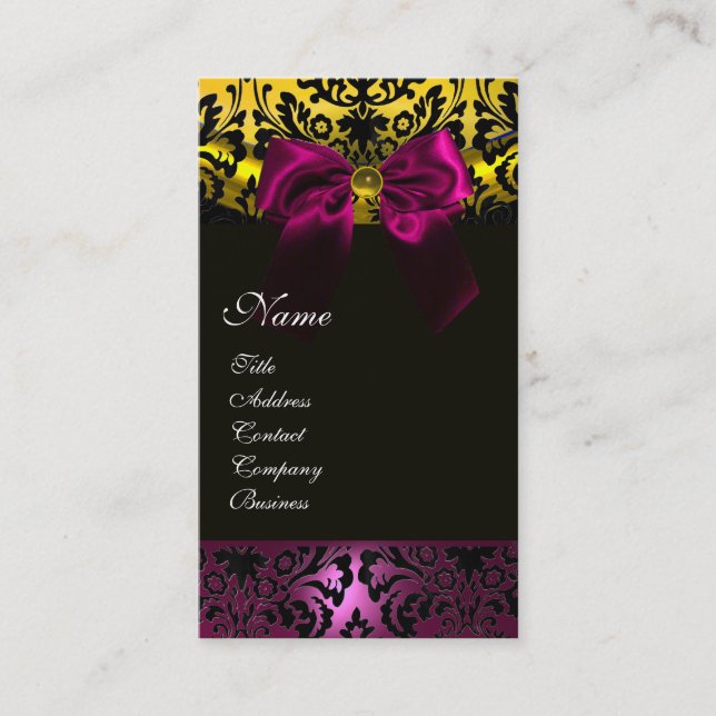 FUCHSIA RIBBON BLACK GULD GULT DAMASK MONOGRAM VISITKORT (Framsida)