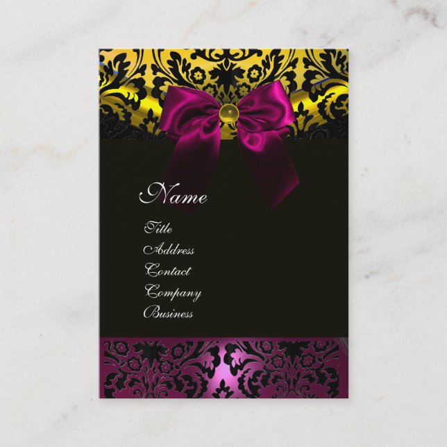 FUCHSIA RIBBON BLACK GULD GULT DAMASK MONOGRAM VISITKORT (Framsida)