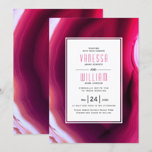 Fuchsia rosa agate slice och ram bröllop inbjudningar