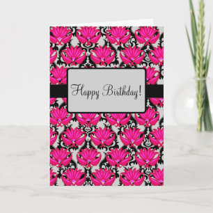 Fuchsia Rosa Art nouveau Damask Grattis på födelse Kort