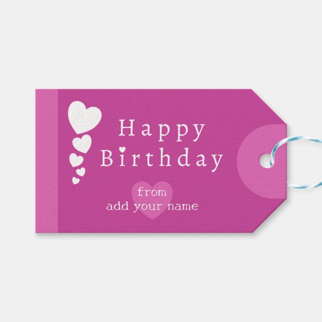 Fuchsia Rosa Birthday Hearts Gift Märkres Presentetikett (Framsidan (Horisontell))